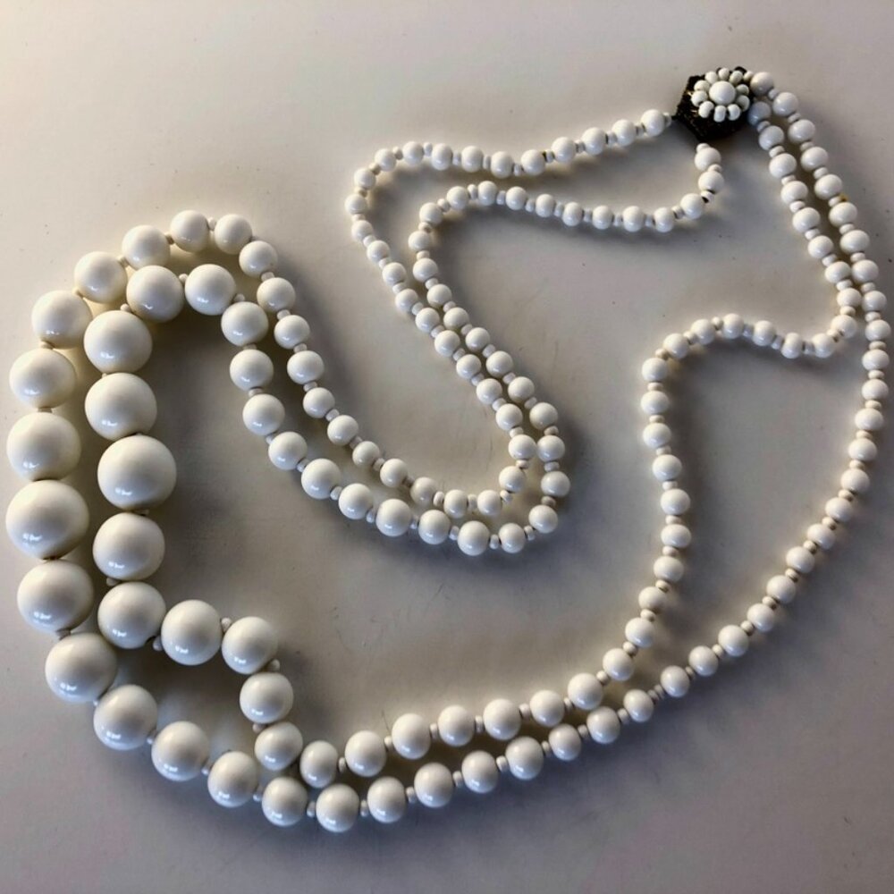 Vintage Signed Miriam Haskell Two-tiered Milk Glass Necklace